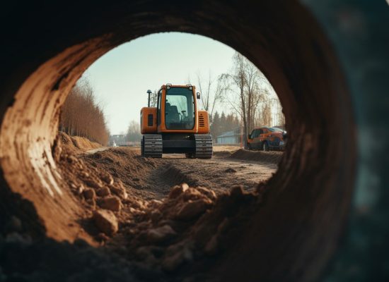 A caterpillar excavator digs the ground; earthworks at construction site with heavy equipment viewed through a concrete pipe. Generative AI