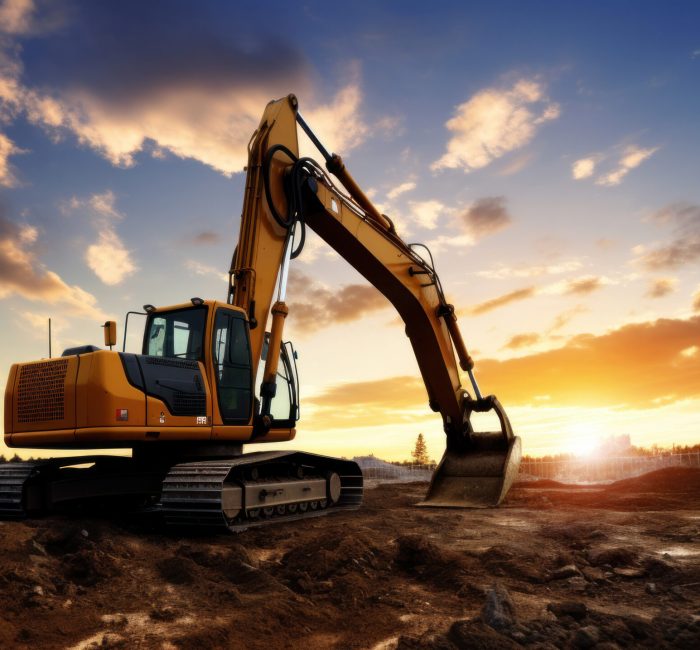 Crawler excavator during earthwork on construction site at sunset. heavy earth mover on the construction site.